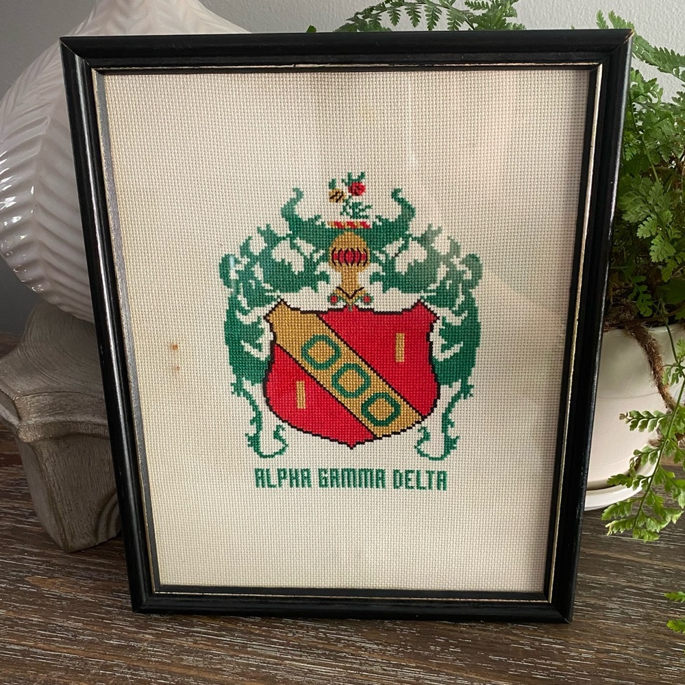 Vtg Alpha Gamma Delta Handmade Cross Stitch Sorority Crest Coat of Arms Framed